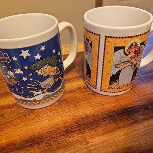set of two vintage Mary Engelbreit christmas elves and dont waste a miracle mug